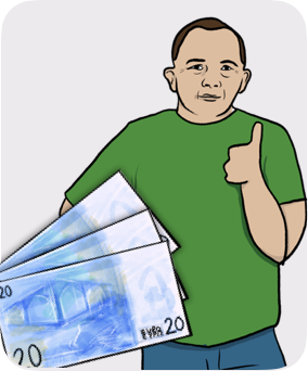 Illustration evoking fair unemployment benefits, of a man with his thumbs up and euro's banknotes